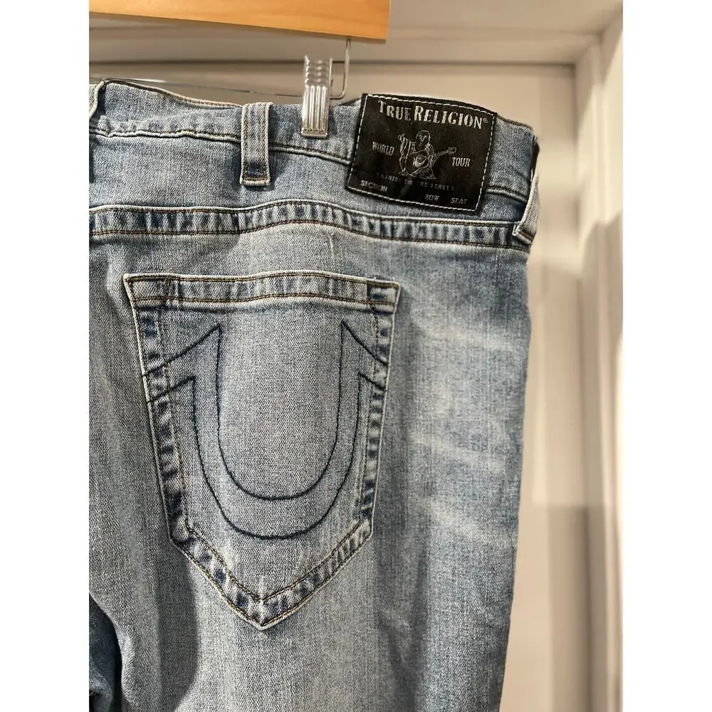 True Religion Rocco Relaxed Skinny Jeans Mens 44x33 Light Wash Distressed Denim
